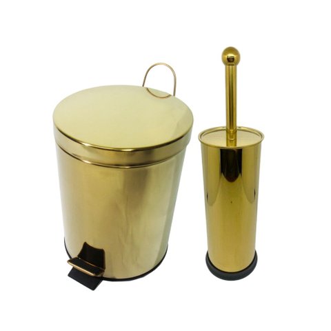 Kit Lavabo Inox Dourado Lixeira Pedal 12l e Escova Sanitaria France Fineza