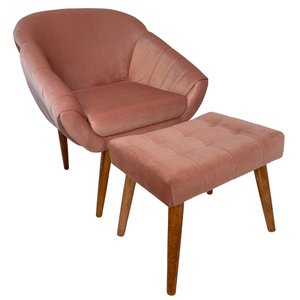 Kit Poltrona Giovana Puff Capitonê Luxo e Almofadas em Sued Premium: Rosê Pés Madeira Claro