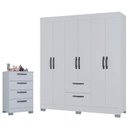 Ver imagem 1 de Cômoda 867 4 Gavetas e Guarda Roupa Casal Tóquio 6 Portas Branco Brilho - Poquema