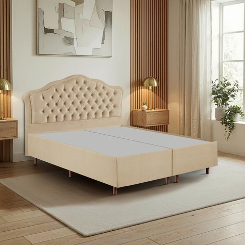 Kit Cama Box Queen + Cabeceira Estofada em Madeira Maciça Curva Provençal com Capitonê Bridgerton Bege/Veludo