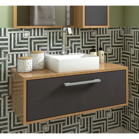 Gabinete Suspenso para Banheiro com Cuba Branca 80cm 1 Porta Basculante Alice Marrom/Mel/Grafite
