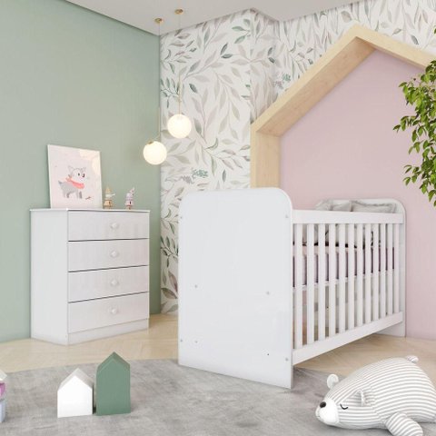 Quarto de Bebê com Berço e Cômoda Labirinto 4 Gavetas MDP Branco Móveis Henn