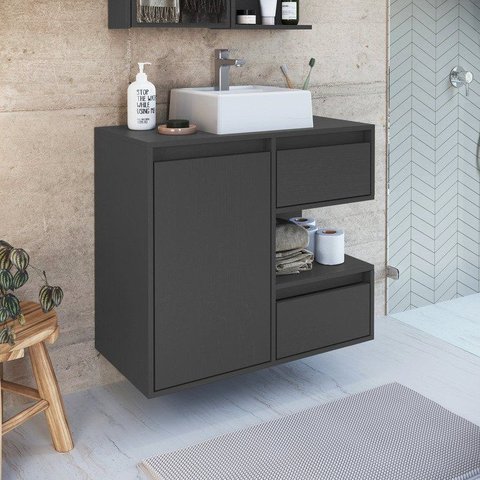 Gabinete para Banheiro com Cuba Branca 80cm 2 Gavetas 1 Porta 1 Nicho Paula Preto/Grafite