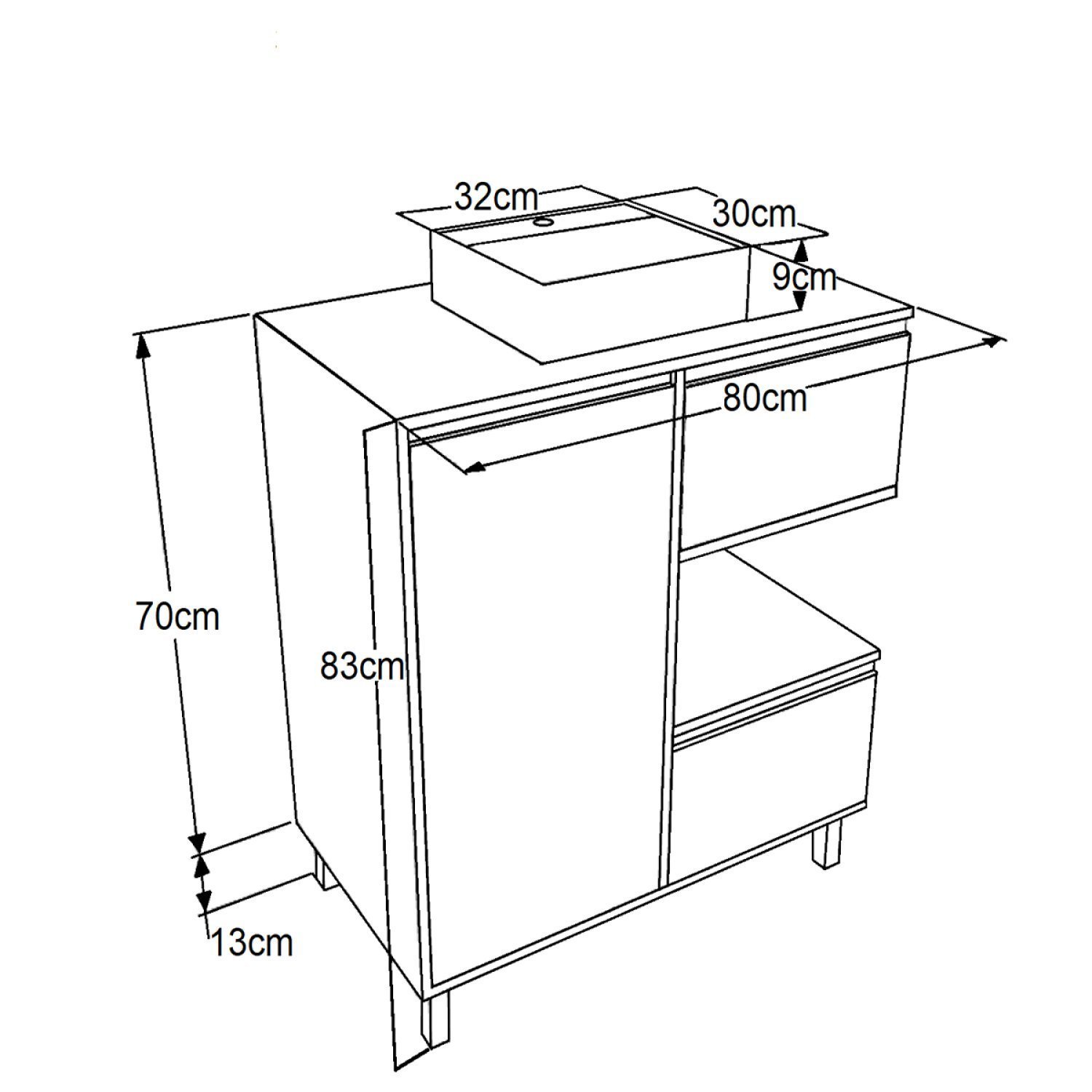 Gabinete para Banheiro Com Cuba Preta 80cm 2 Gavetas 1 Porta 1 Nicho Paula - 4