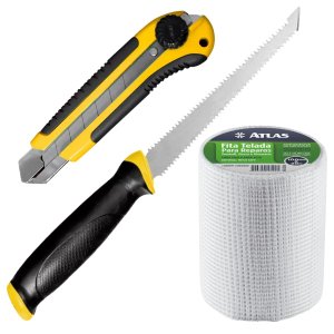 Serrote para Gesso Drywall Lâmina Dupla 6" Pol + Fita Telada 100mm X 20m + Estilete 25mm com Trava e