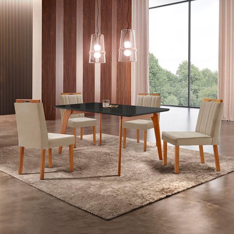 Conjunto Sala de Jantar Mesa Paris Madeira Maciça 140x80cm Tampo Retângular Vidro Preto com 4 Cadeir