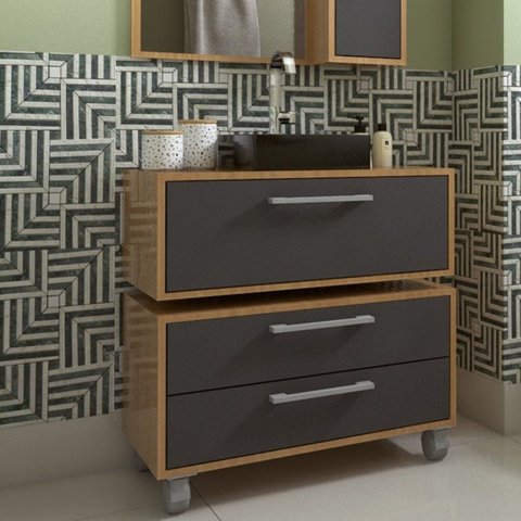 Gabinete Suspenso para Banheiro 80cm 1 Basculante e Balcão 2 Gavetas Alice Marrom/Mel/Grafite