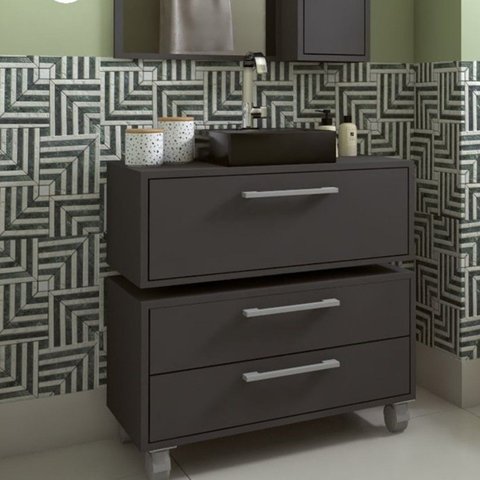 Gabinete Suspenso para Banheiro 80cm 1 Basculante e Balcão 2 Gavetas Alice Preto/Grafite