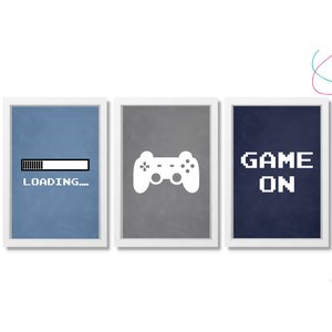 Kit 3 Quadros Decorativos Game On Video Game vidro moldura:Branca
