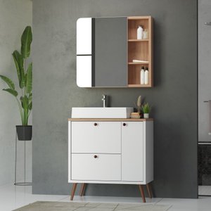 Conjunto completo de Banheiro MDF com Armário e Gabinete com Pés Com Espelheira e Cuba Madri  80cm