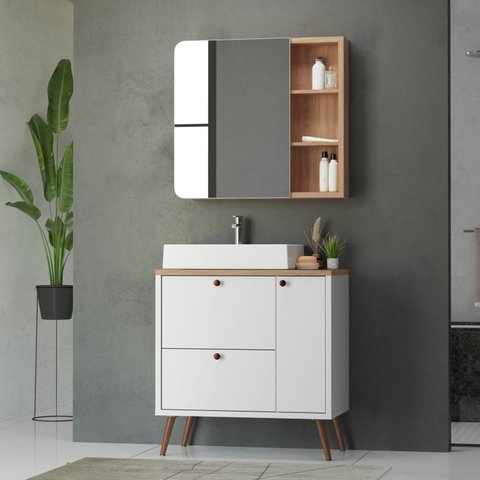 Conjunto Completo de Banheiro MDF com Armário e Gabinete com Pés com Espelheira e Cuba Madri 80cm Branco/Tauari