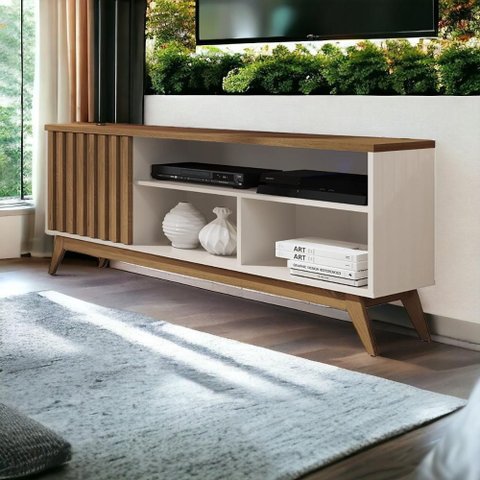 Rack Ripado para Tv 55 Polegadas Off White Freijo Malbec Germai