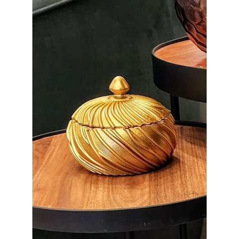 Caixa Dourada Resina Redonda Textura Listra 12,5x12,5x1