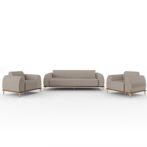 Kit Sofá 3 Lugares 210cm com 2 Poltronas Molino Pés D'ouro D02 Linho Bege C-107 - Lyam Decor