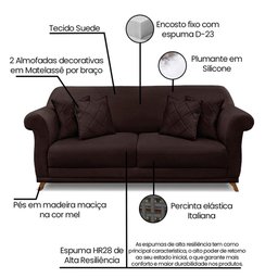 Sofá 3 Lugares Pé de Madeira Julieta 200 Cm Suede Café S04 - D'rossi - 5