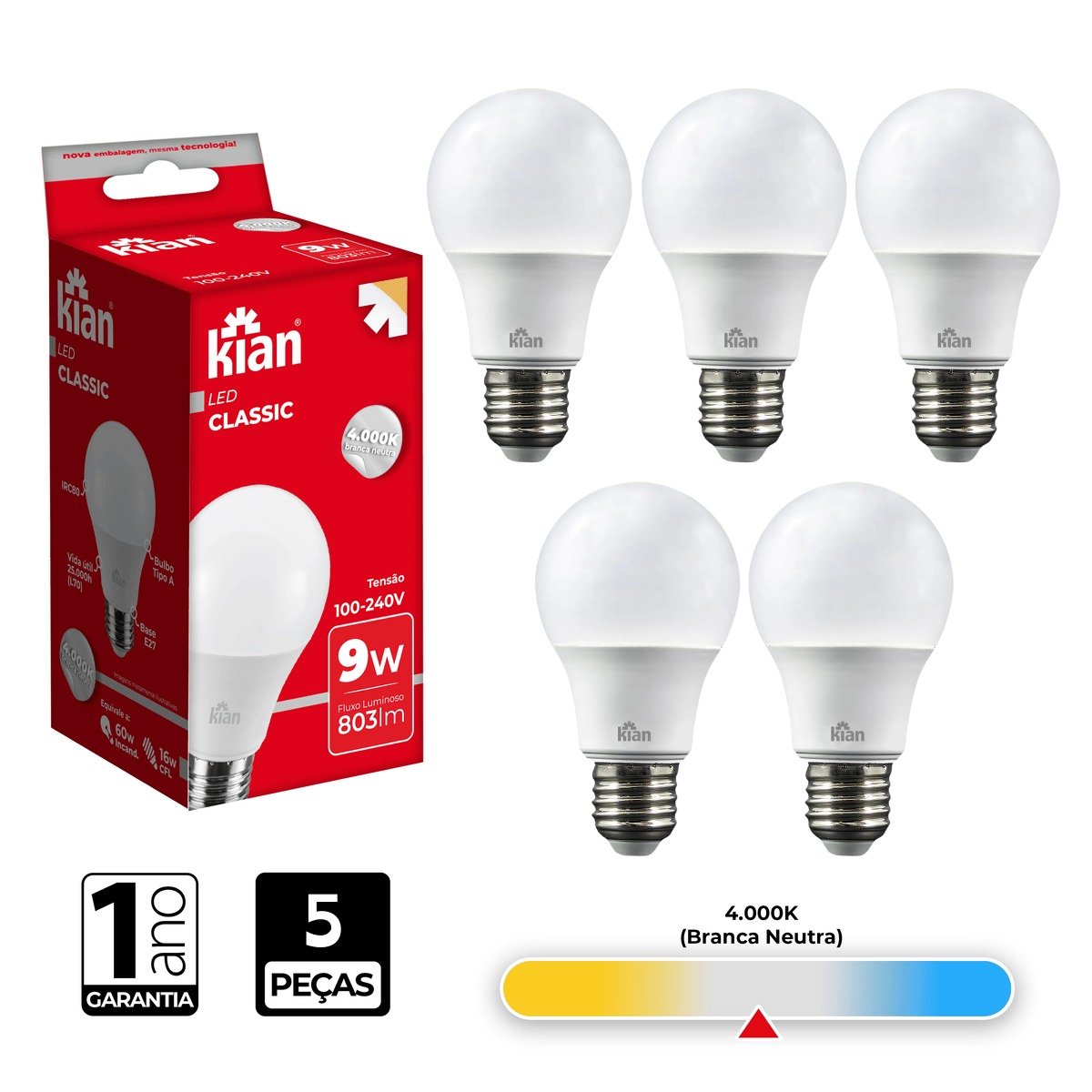 Lâmpada Led Bulbo Kian 9w 4000k Branca Neutra 5 Peças - 2