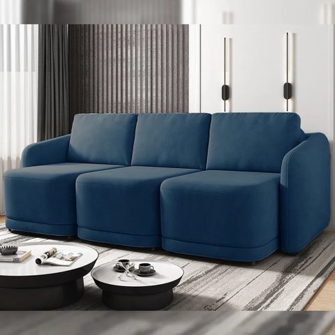 Sofá Cama Modulado Retrátil e Reclinável Decorativo Varsóvia 306cm Veludo Azul Marinho G33 - Gran Be