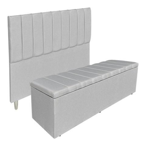 Kit Cabeceira e Calçadeira Recamier Baú King 1,95m Holanda Linho - Pallazio Cor:Cinza