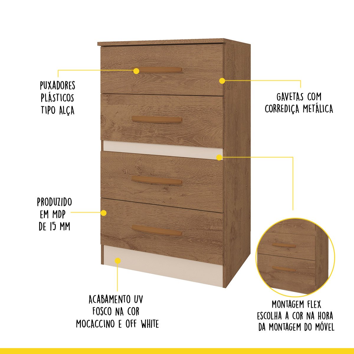 Cômoda 4 Gavetas 54 x 86 Cm Cairo MDP Flex Canelato Natura - ClickLar - 2