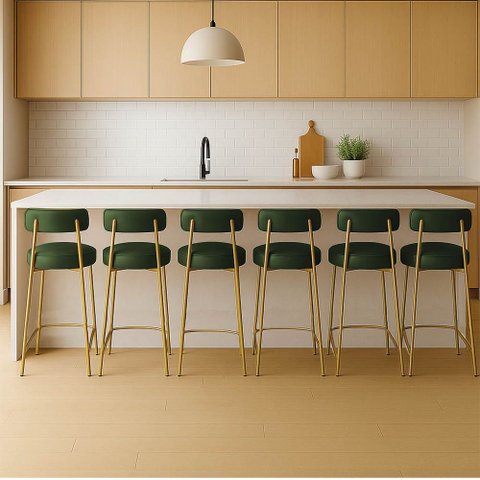 Banqueta Cozinha Alta com Encosto Industrial Dourado Kit 6 Londres Pu Verde D03 - D'Rossi