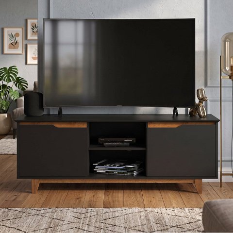 Rack Bancada Flow Preto para Sala de Estar com Design Moderno e Espaço para Organização