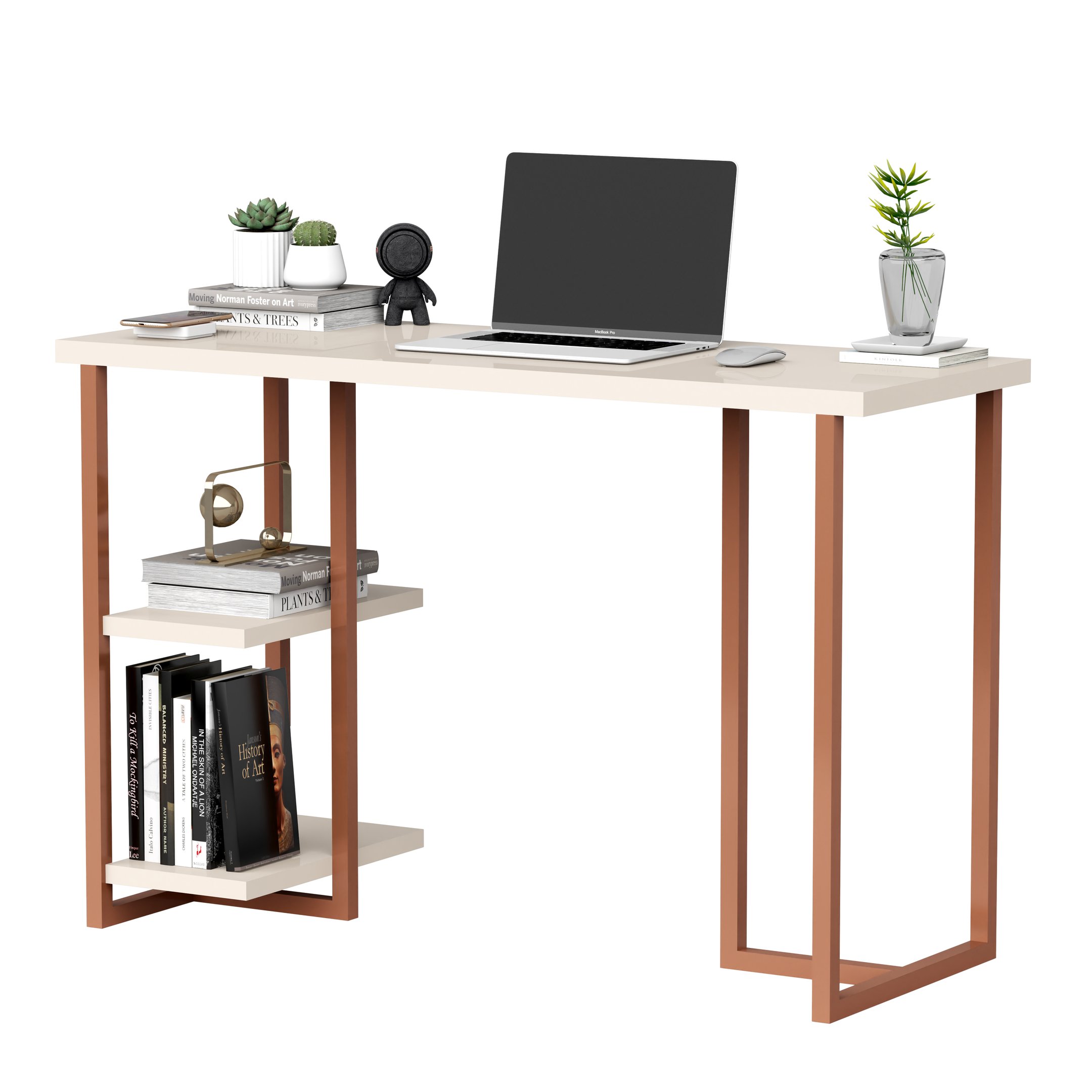 Mesa Escritorio para Home Office com Prateleira Multiuso Tamanho 1,20m:off White / Cobre - 2