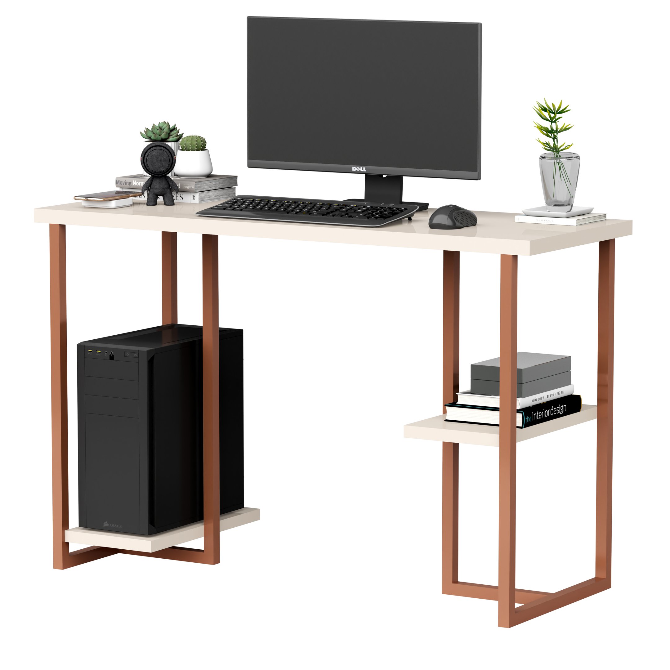 Mesa Escritorio para Home Office com Prateleira Multiuso Tamanho 1,20m:off White / Cobre