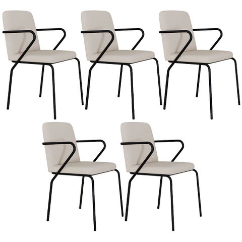 Kit 05 Cadeiras Estofada para Sala de Jantar com Braço Loft Preto C01 Linho Areia - Lyam Decor
