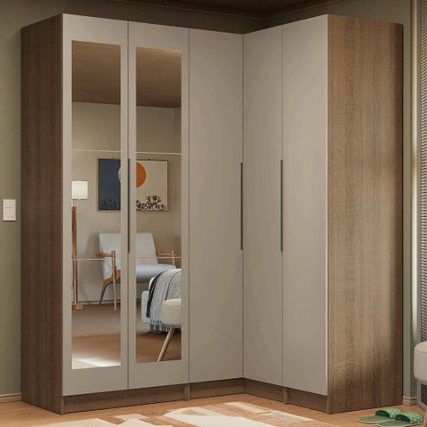 Guarda-Roupa Modulado de Canto 310 cm 5 Portas com Espelhos 2 Gavetas Rustic/Crema Neo Madesa 03