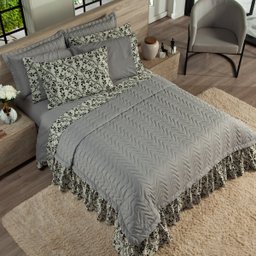 Colcha Firenze Casal Padrão 03 Peças - Percal 180 Fios C/ Babado Jacquard Dourados Enxovais Cinza - 3