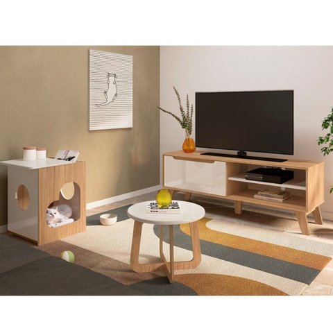 Sala de Estar Completa Rack com Mesa de Centro e Mesa de Apoio Lotus Jasmin Discovery Branco