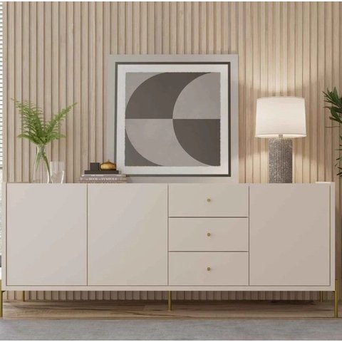 Buffet 3 Portas 3 Gavetas Jasper 185cm Off-white Fosco com Dourado