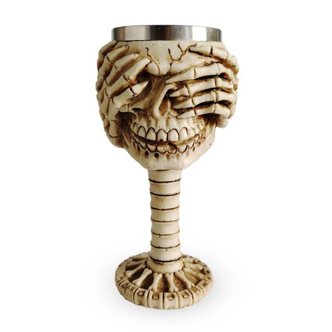 Cálice Taça Decorativa Caveira Não Olhe Vinho Chopp Cerveja 180ml Metal e Resina Colecionável