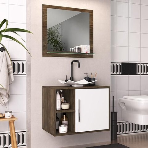 Gabinete para Banheiro Elite sem Cuba 60cm MDP 1 Porta Carvalho/Branco Arte Cas