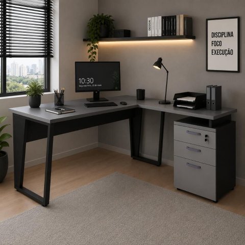 Mesa para Escritório em L Mesa Escritório com Gaveteiro Moderno 3 Gavetas 150cm Cinza Sagrado