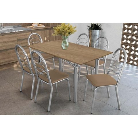 Conjunto: Mesa Sala Jantar Elba C/ Tampo de Madeira 160cm e 6 Cadeiras Holanda Cromada/nogueira -