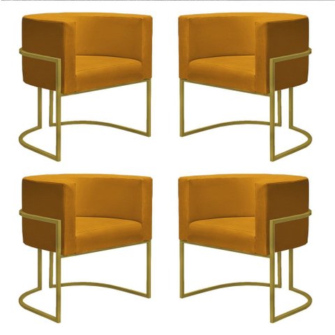 Kit 4 Poltronas Reforçadas Decorativa Sala Nayara Base Ferro Dourado Suede Mostarda