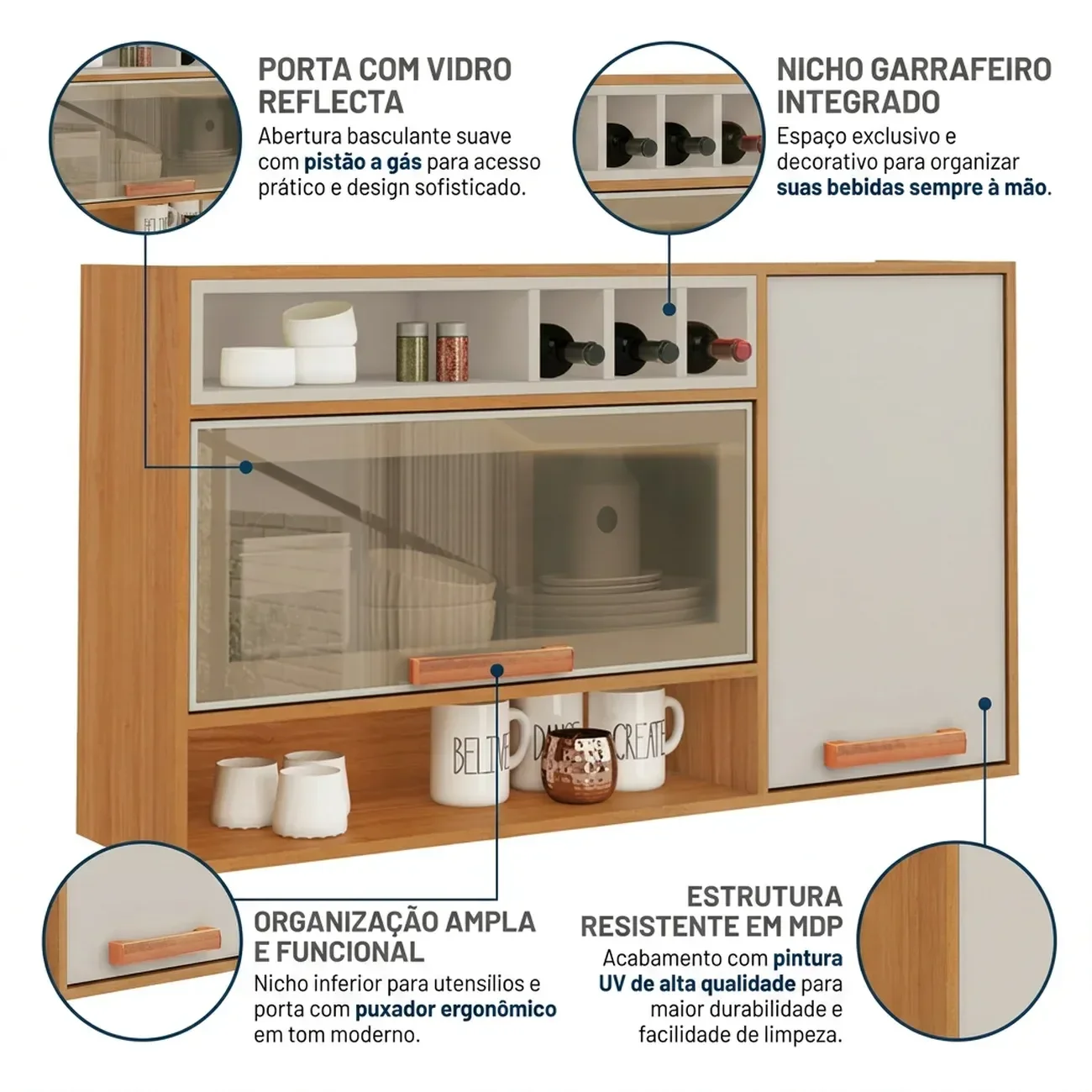 Ver imagem 6 de Armário de Cozinha Aéreo 2 Portas com Reflecta e Garrafeiro 120cm Nápoles Itatiaia Cinamomo/Off White