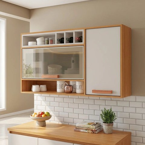 Armário de Cozinha Aéreo 2 Portas com Reflecta e Garrafeiro 120cm Nápoles Itatiaia Cinamomo/Off White