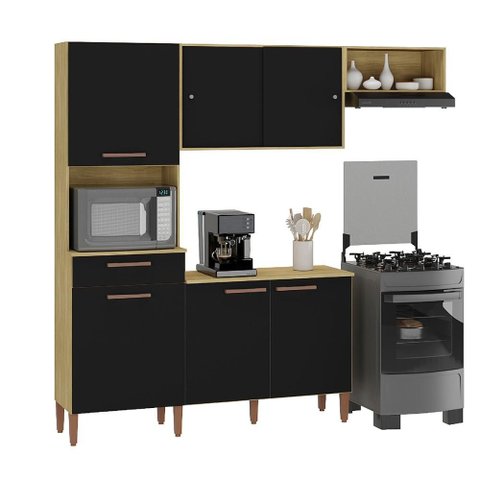 Armario Cozinha com Balcão Pop com 6 Portas e 1 Gaveta Wood Madeirado/preto Fosco