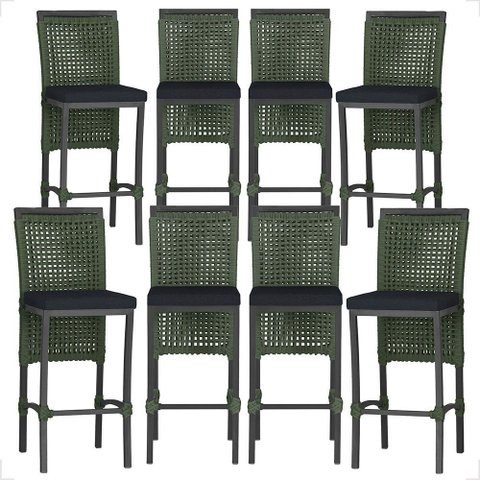 8 Banquetas em Alumínio Roma Preta Corda Náutica Tecido 12