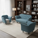 Ver imagem 2 de Kit Namoradeira + 2 Poltronas Decorativa Dália Linho Azul Pés Madeira