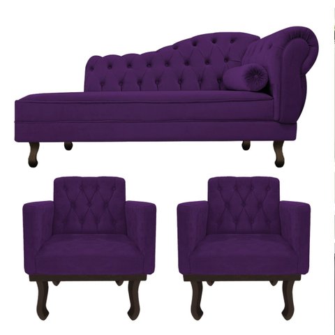 Kit Diva Recamier Diana 185cm Lado Esquerdo e 02 Poltronas Classic Suede Roxo - ADJ Decor