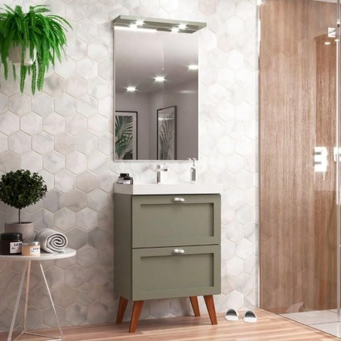 Gabinete para Banheiro com Cuba e Espelheira 60cm Retro Mdf Verde Milano - On Móveis
