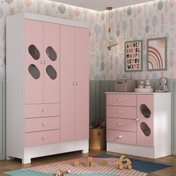 Quarto Infantil Completo Guarda Roupa 4 Portas 3 Gavetas com Cômoda Stella Espresso Móveis - 1