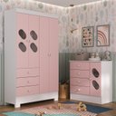 Ver imagem 1 de Quarto Infantil Completo Guarda Roupa 4 Portas 3 Gavetas com Cômoda Stella Espresso Móveis Rosa/Branco