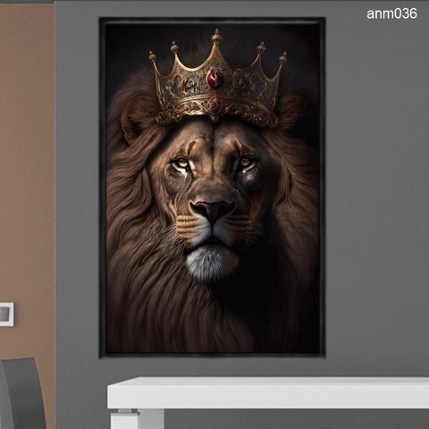 Quadro Decorativo - Leao Rei Coroa Anm036 Vidro com Impressão Uv - 60x40cm