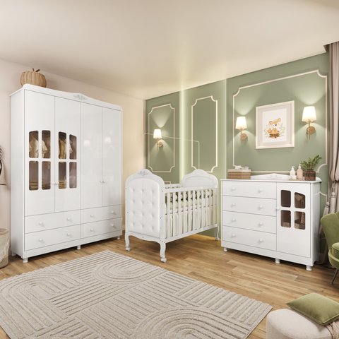 Quarto de Bebê Berço com Capitonê Guarda Roupa e Cômoda com Janela Maya Clássico Espresso Móveis Branco/Brilho