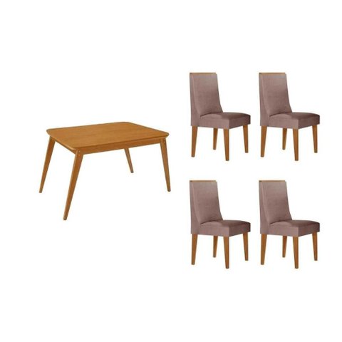 Sala de Jantar Completa Havana C/ Tampo Madeirado Canto Curvo 120x80cm e 4 Cadeiras Dakota Naturale