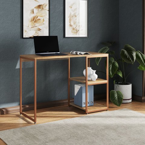 Mesa Escritório Berlim Industrial com Prateleira Ferro Cobre Tampo 110x46 Freijó